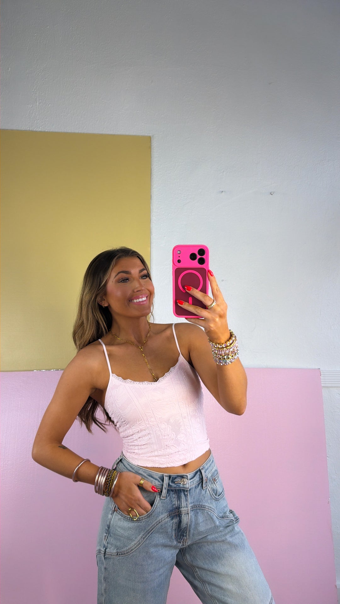 Double Layered Lace Trimmed Cami, Icy Pink