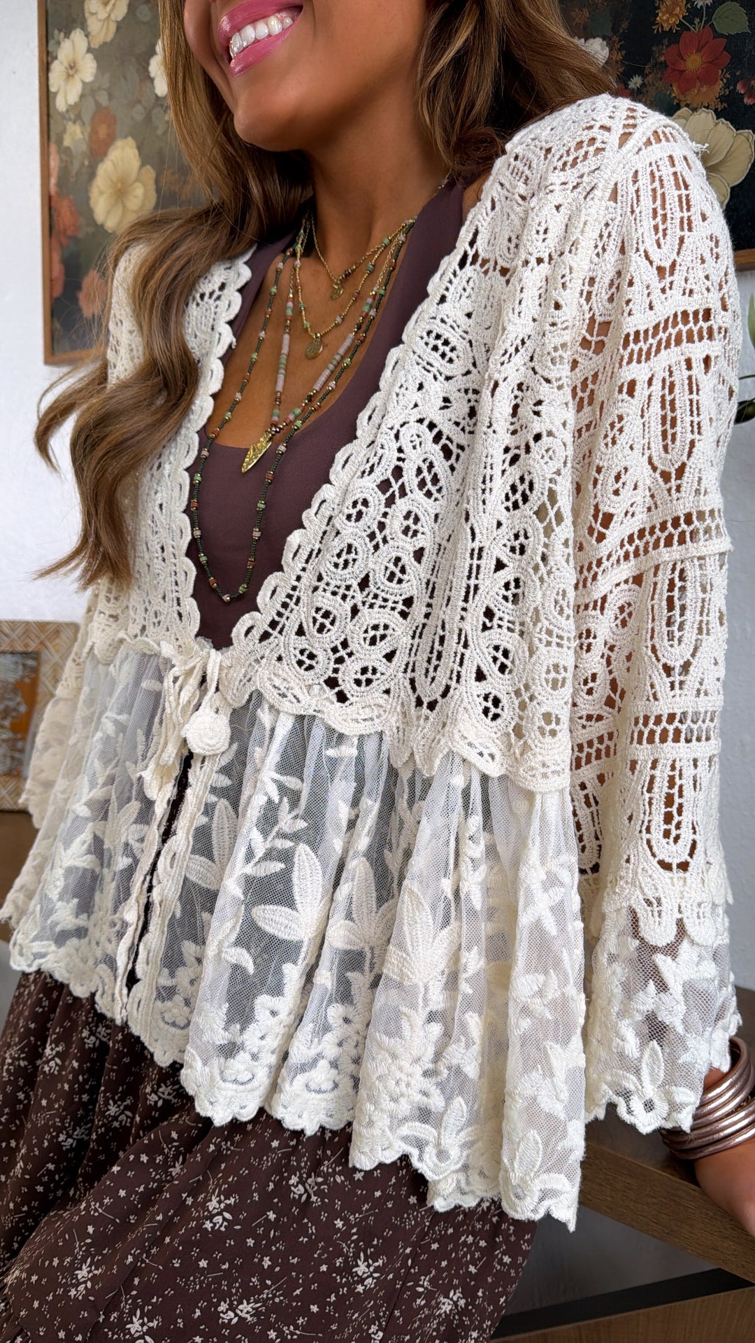 Clover Wind Crochet Cardigan Top, Natural