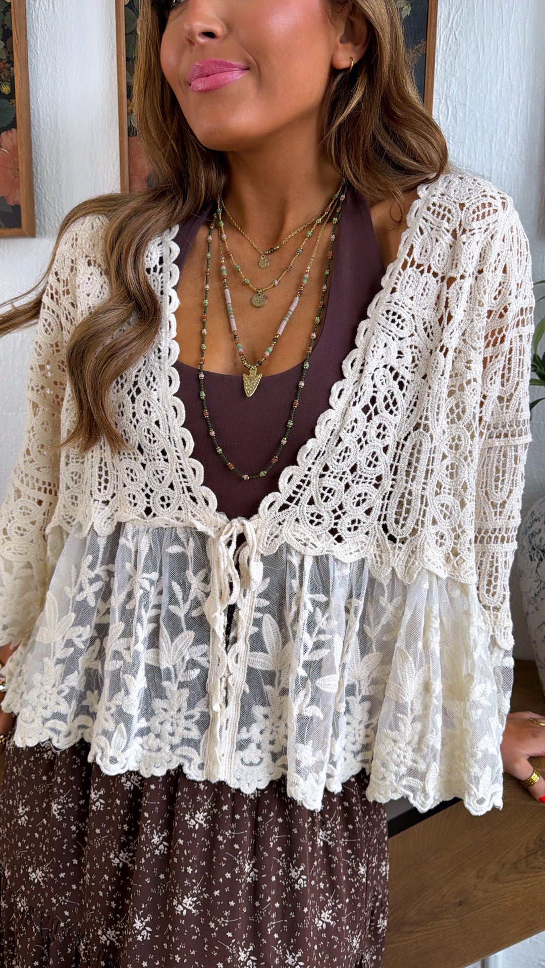 Clover Wind Crochet Cardigan Top, Natural