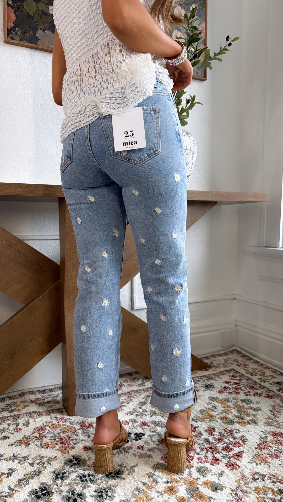 The Daisy Stitch Straight Leg Denim, Medium Wash