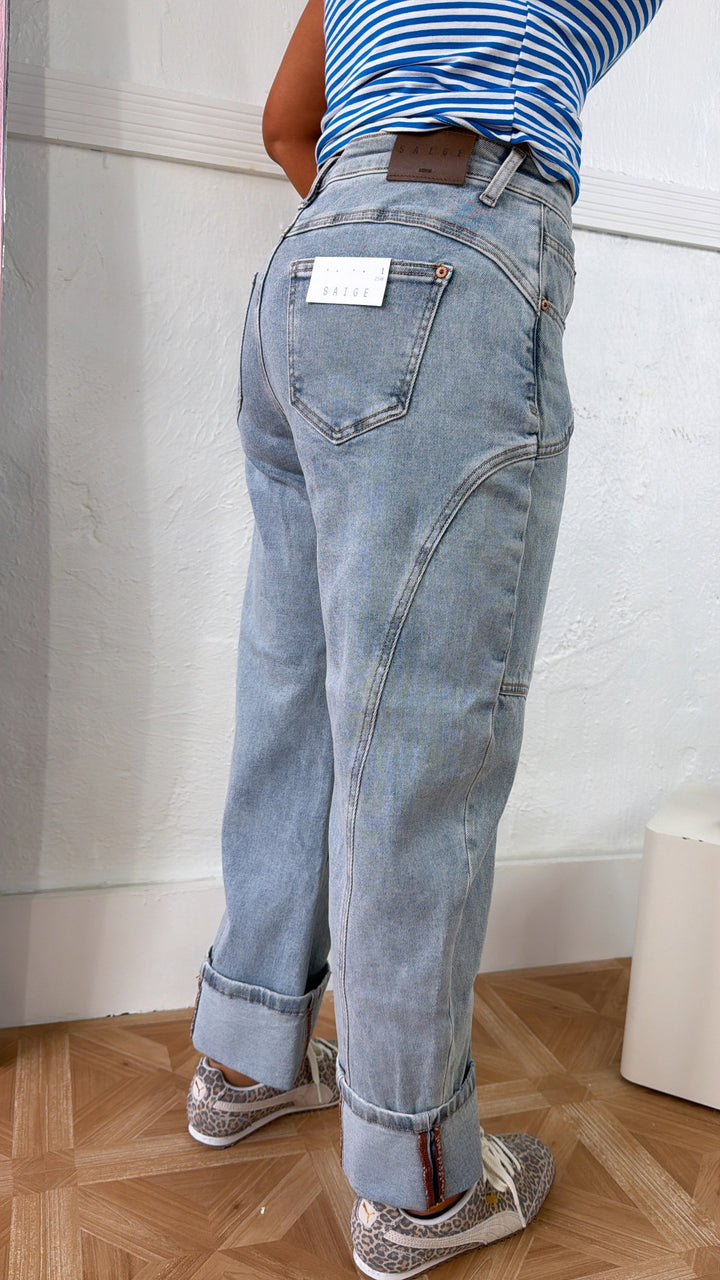 SAIGE: Studio Ready Barrel Jeans, Medium Light