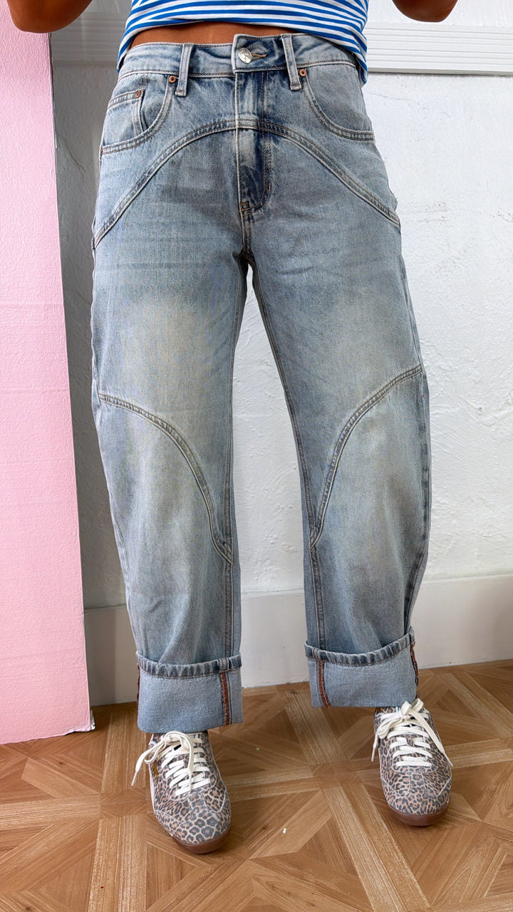SAIGE: Studio Ready Barrel Jeans, Medium Light