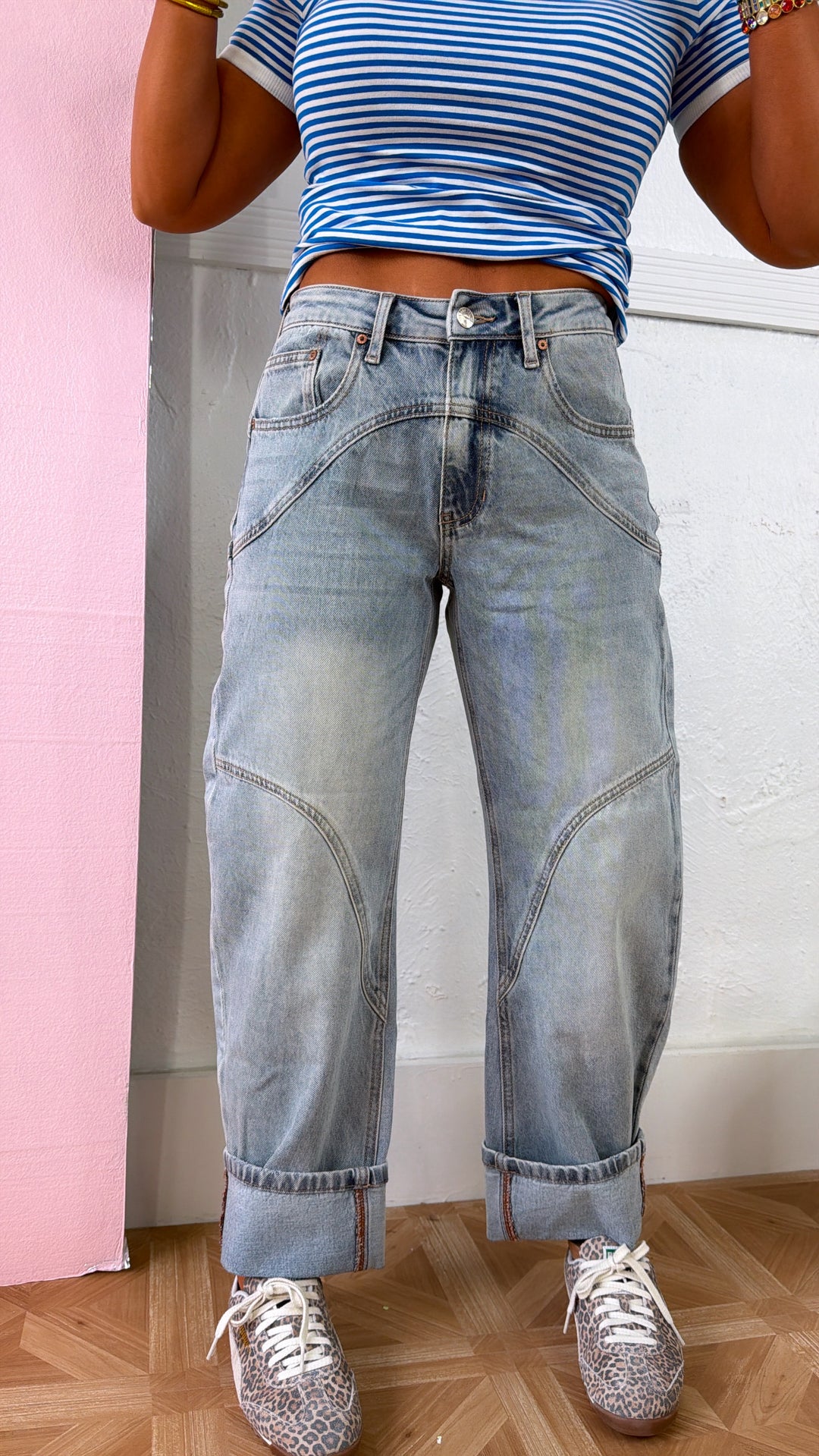 SAIGE: Studio Ready Barrel Jeans, Medium Light