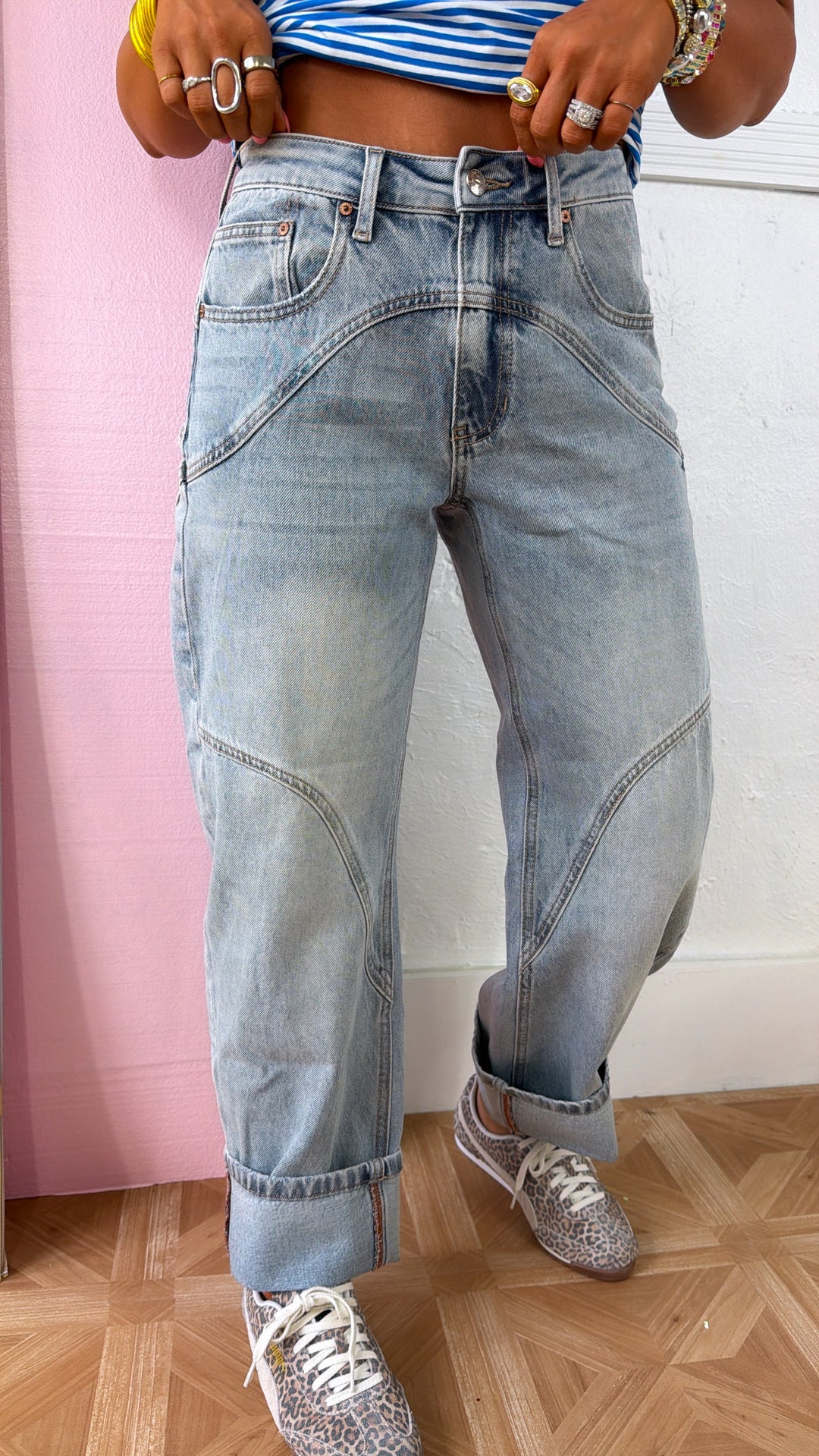 SAIGE: Studio Ready Barrel Jeans, Medium Light