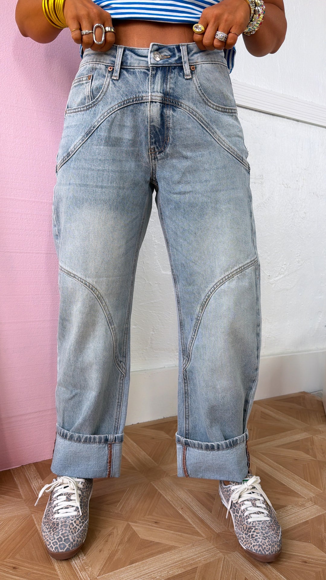 SAIGE: Studio Ready Barrel Jeans, Medium Light