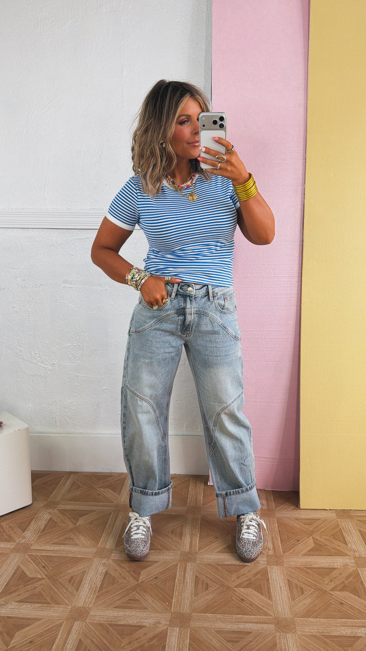 SAIGE: Studio Ready Barrel Jeans, Medium Light