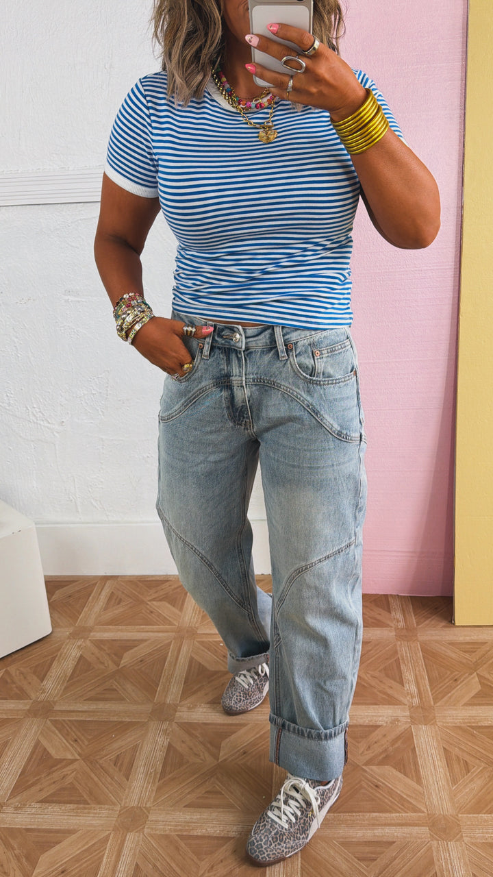 SAIGE: Studio Ready Barrel Jeans, Medium Light