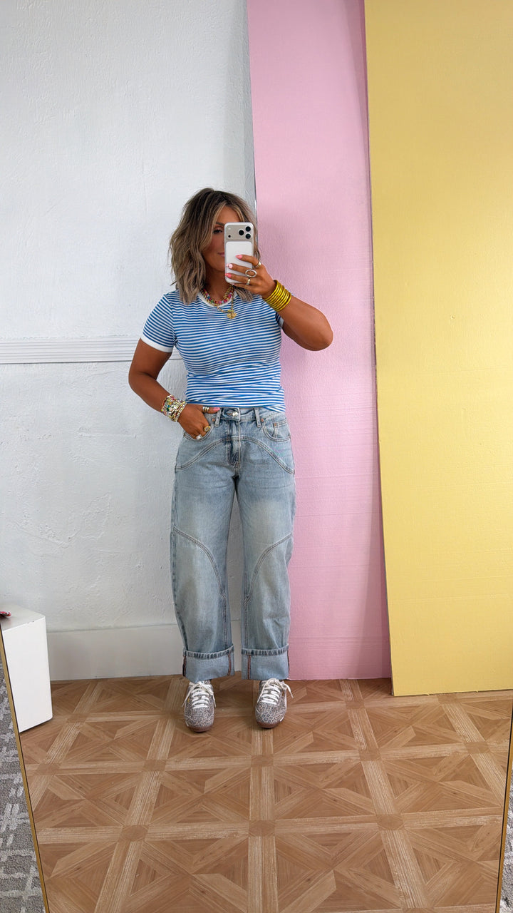 SAIGE: Studio Ready Barrel Jeans, Medium Light