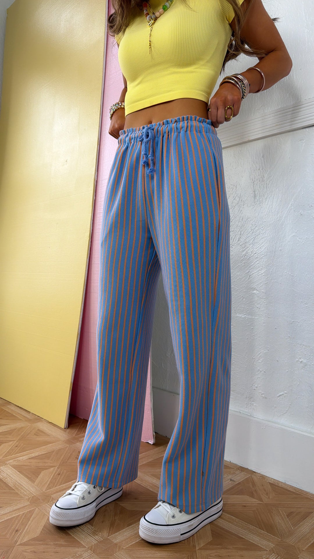 Candy Cloud Striped Pant, Blue/ Citrus