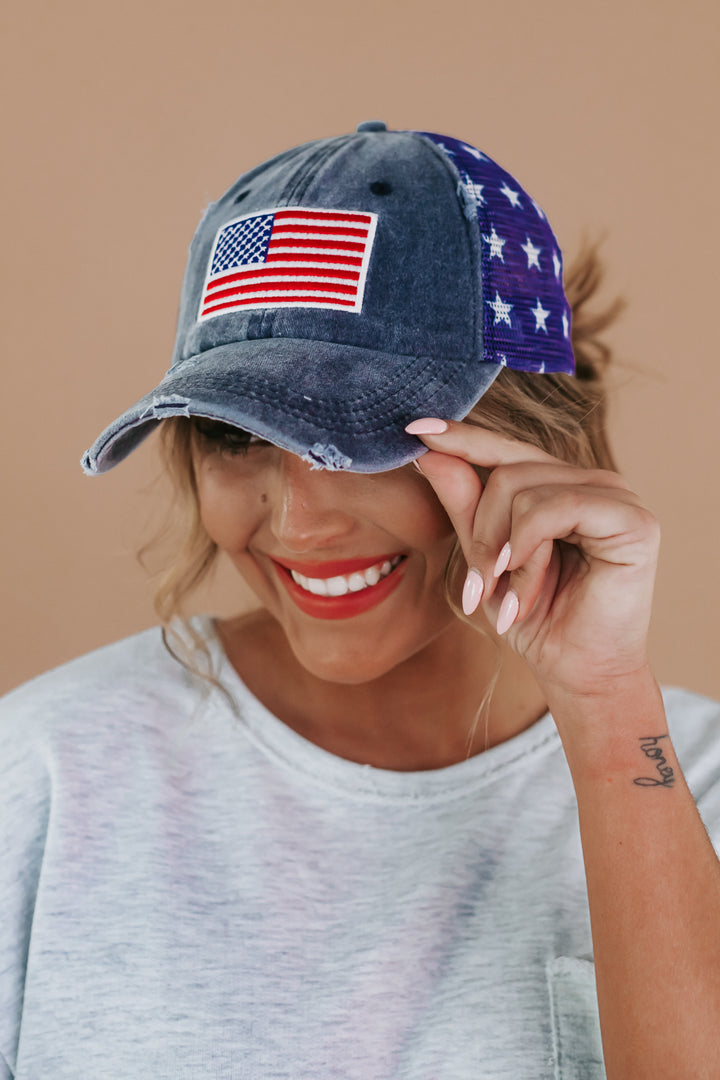 Distressed American Flag Baseball Cap With Mesh Back – Everyday Chic ...