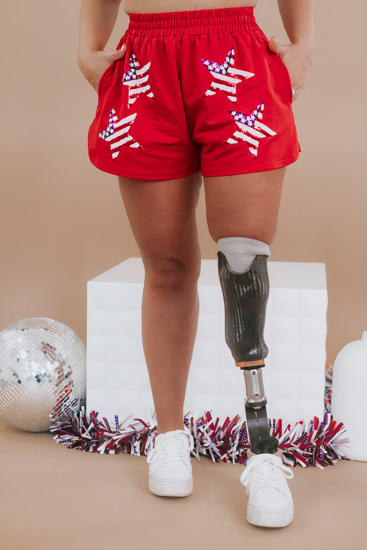 Sequin American Flag Shorts, Red