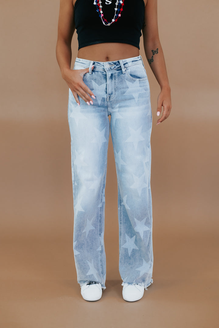 Wide Leg Star Print Denim Jeans, Risen