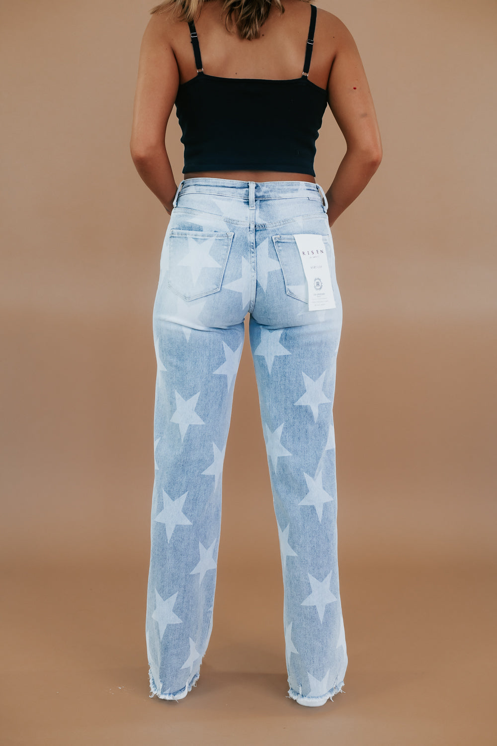 Wide Leg Star Print Denim Jeans, Risen