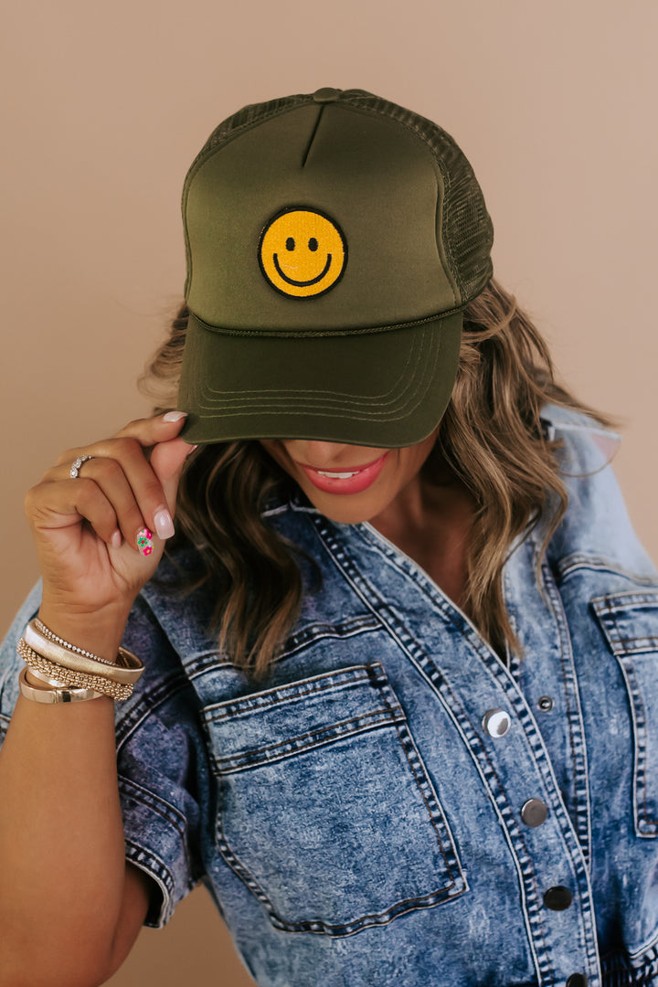 Smiley Face Trucker Hat, Olive