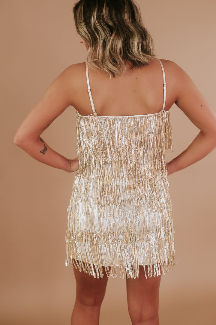 Sequin Tiered Fringe Cami, Gold