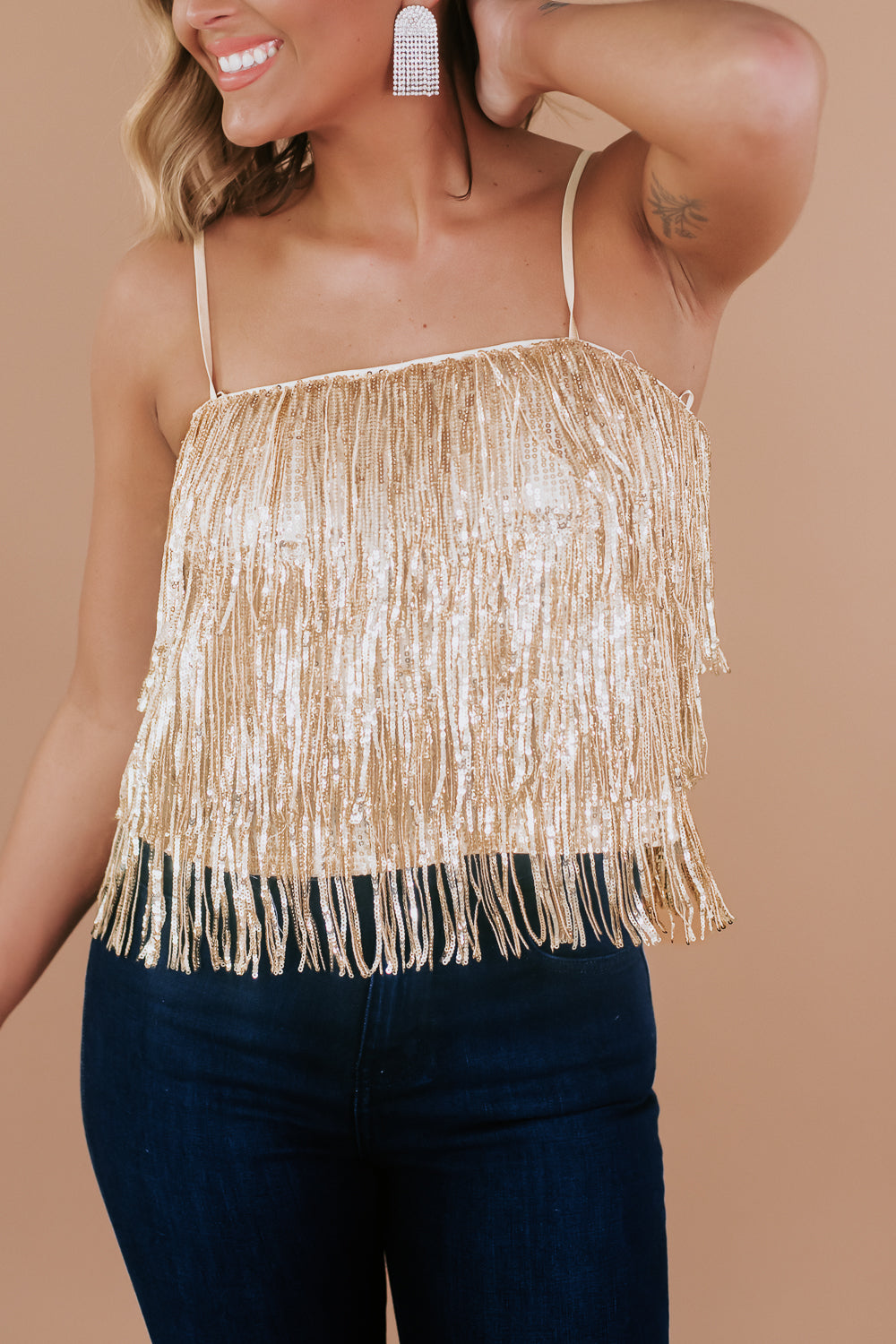 Sequin Tiered Fringe Cami, Gold