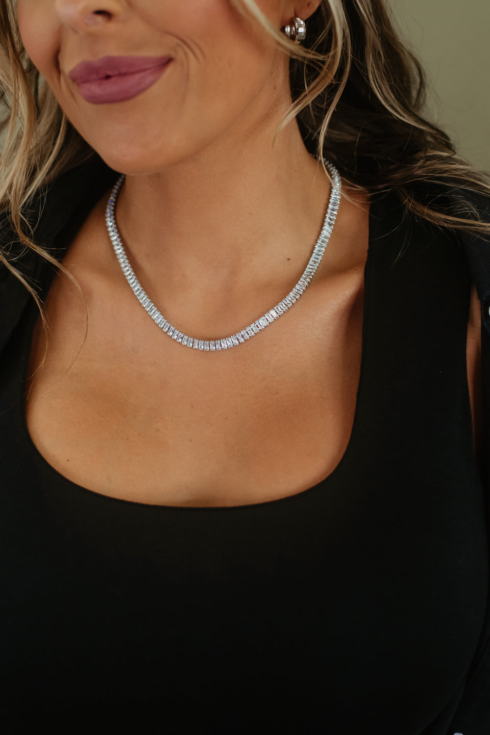 Baguette Stone Necklace, Silver