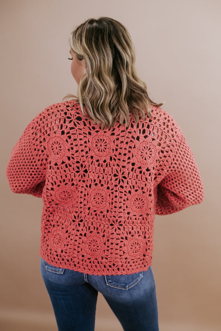 POL: Open Front Crochet Cardigan, Coral Red