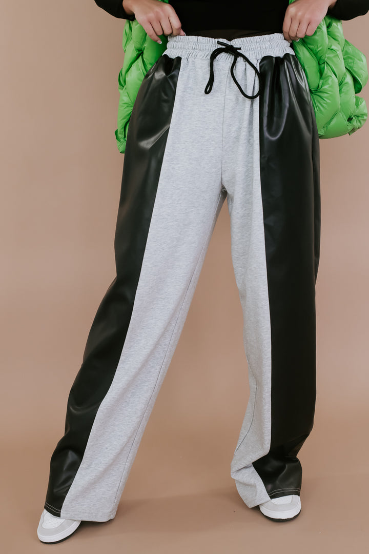 Edgiest Leather Split Sweatpants, Grey/Black