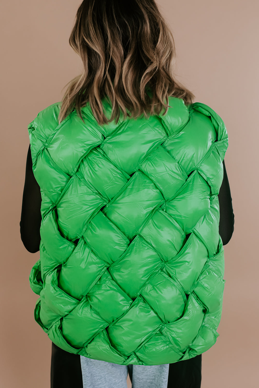 Button Woven Puffer Vest, Green