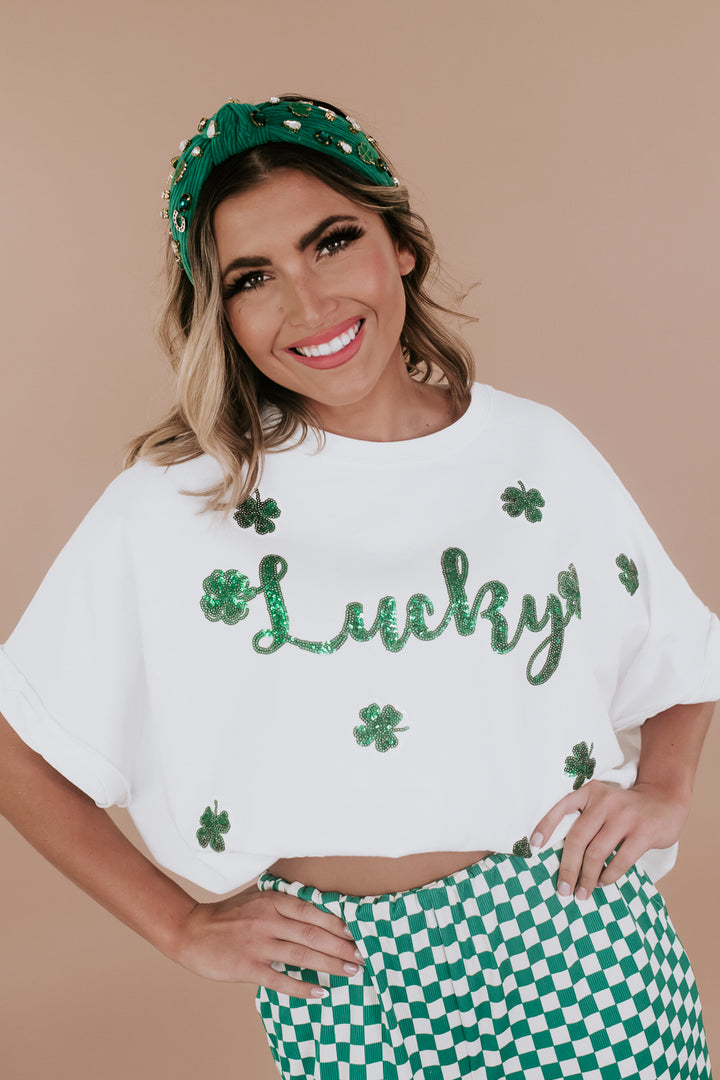Lucky Sequin Patch Top, White