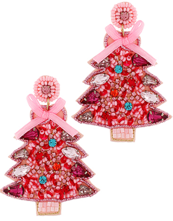 Beaded Christmas Tree Earring, Pink