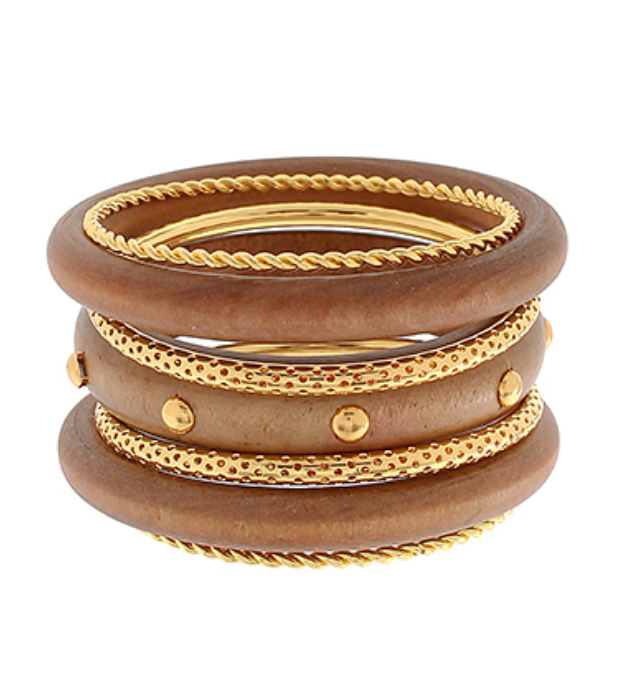 7 Row Wood & Metal Bangle Bracelet