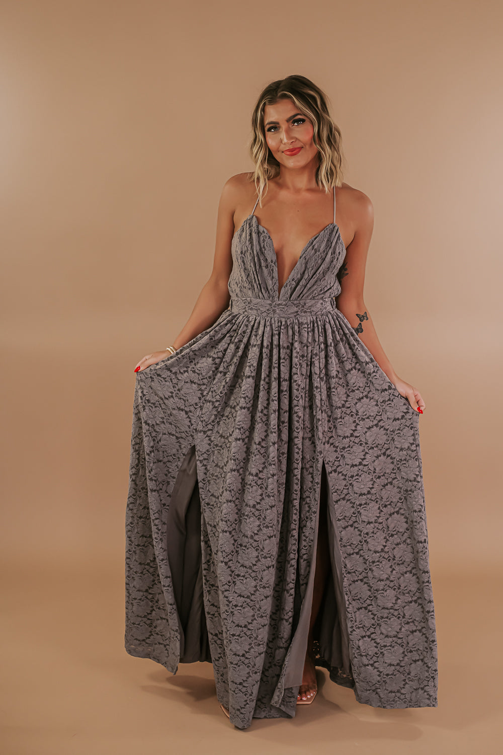 lace grey maxi dress Hansen & Gretel Libby Long-Sleeve Lace Maxi Dress