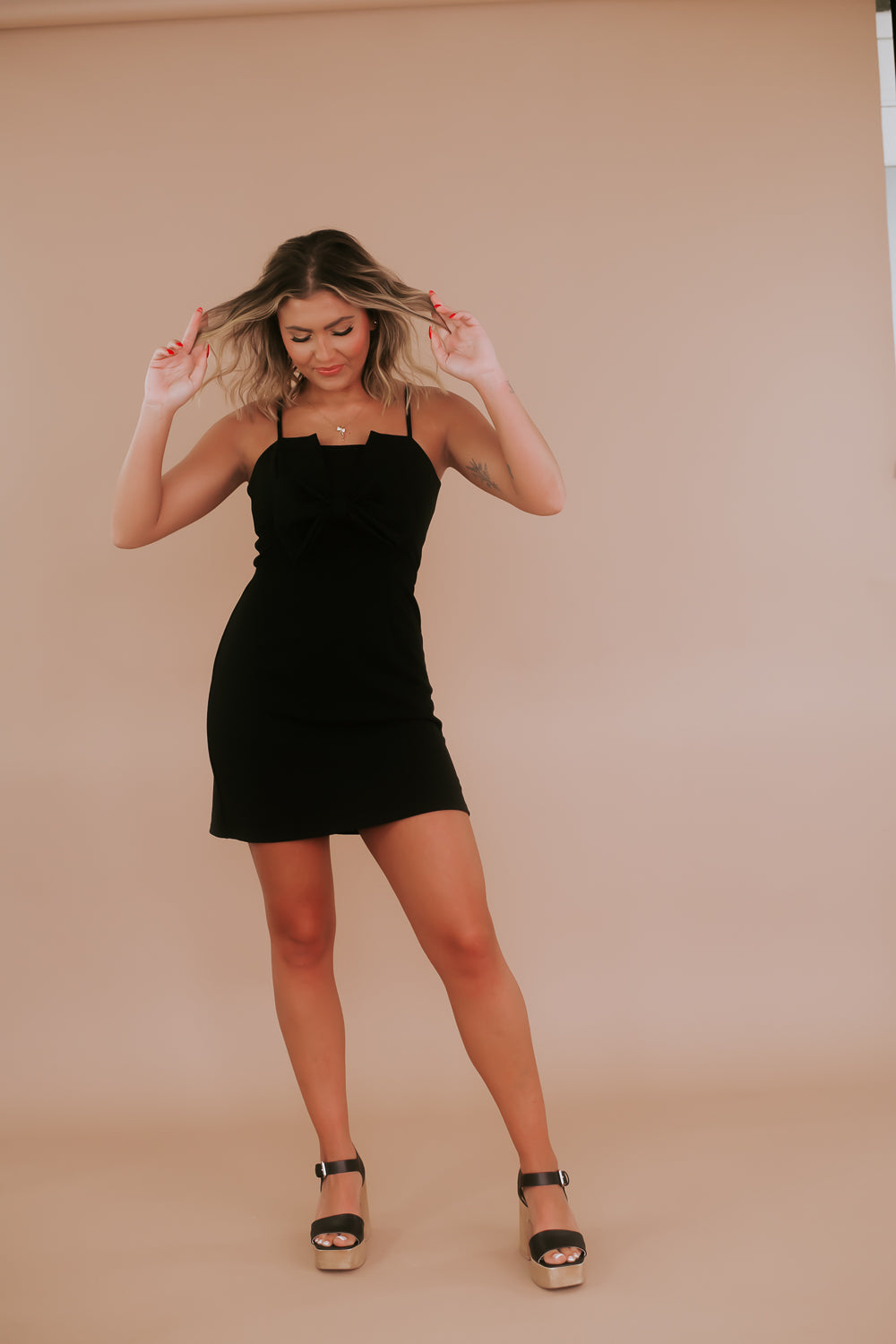 bow detail mini dress in jet black VENUS Rhinestone Bow Detail Mini Dress | Jet Black