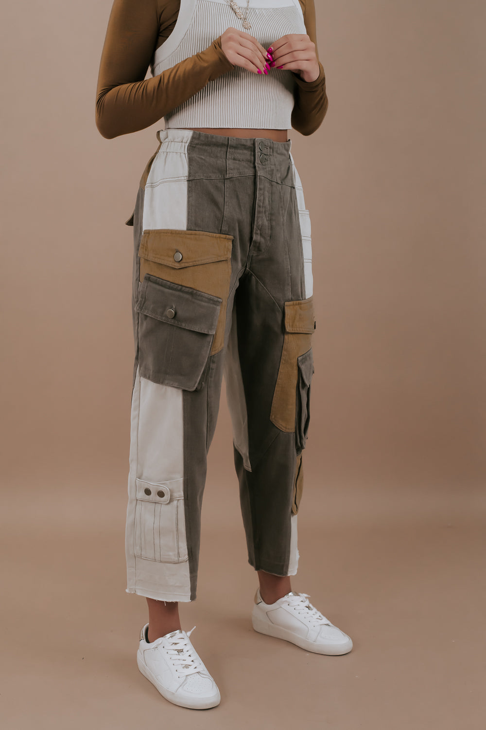 A Step Above Color Blocked Cargo Pants, Olive