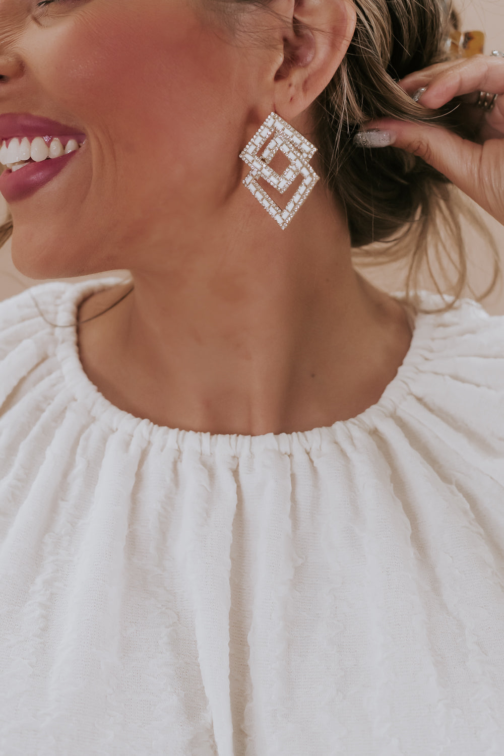 Two Square Attached Earrings, White/Gold