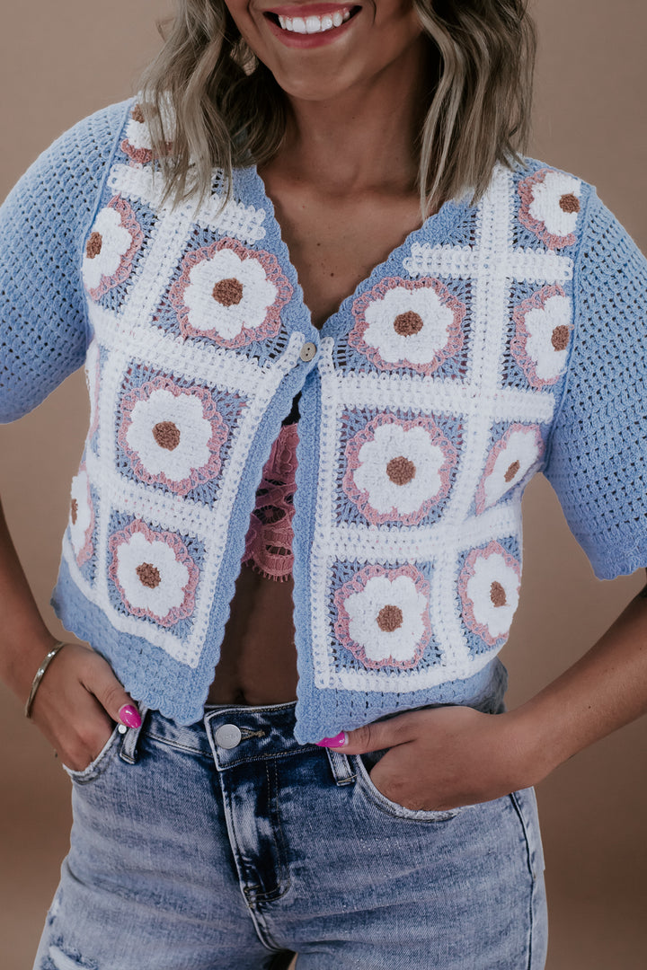 Free Fall Floral Patchwork Cardi, Sky