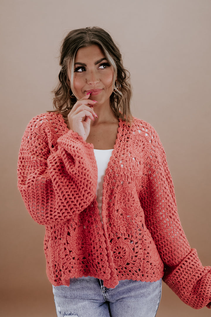 POL: Open Front Crochet Cardigan, Coral Red