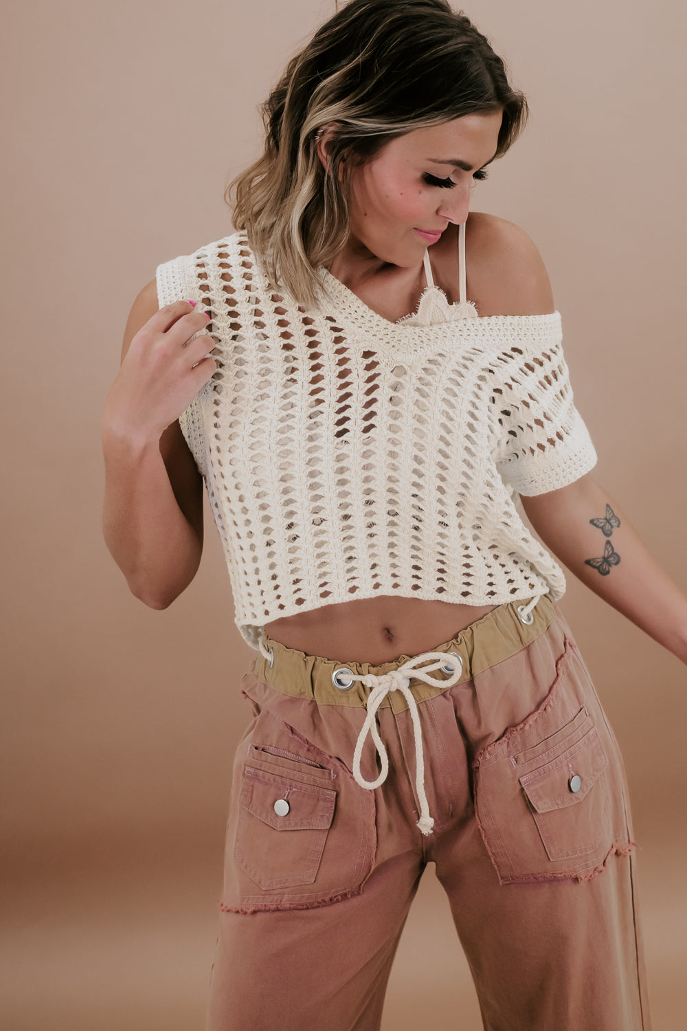 BY TOGETHER: Crochet Knit Top, Cream