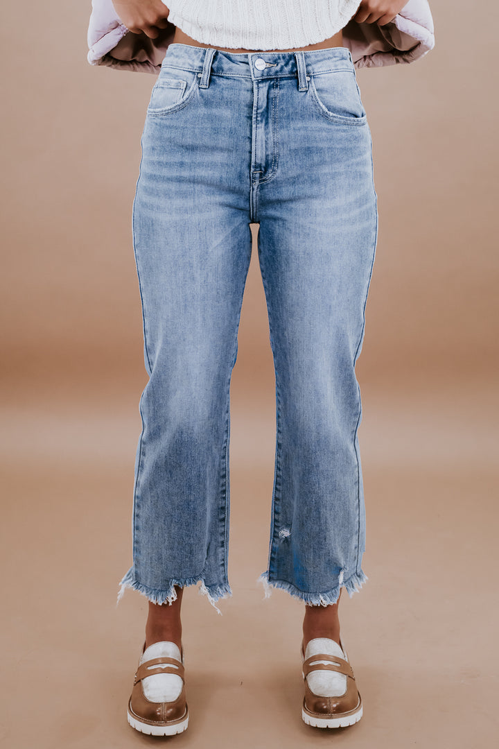 Casey Cropped High Waisted Straight Leg Jeans, Light Wash RISEN
