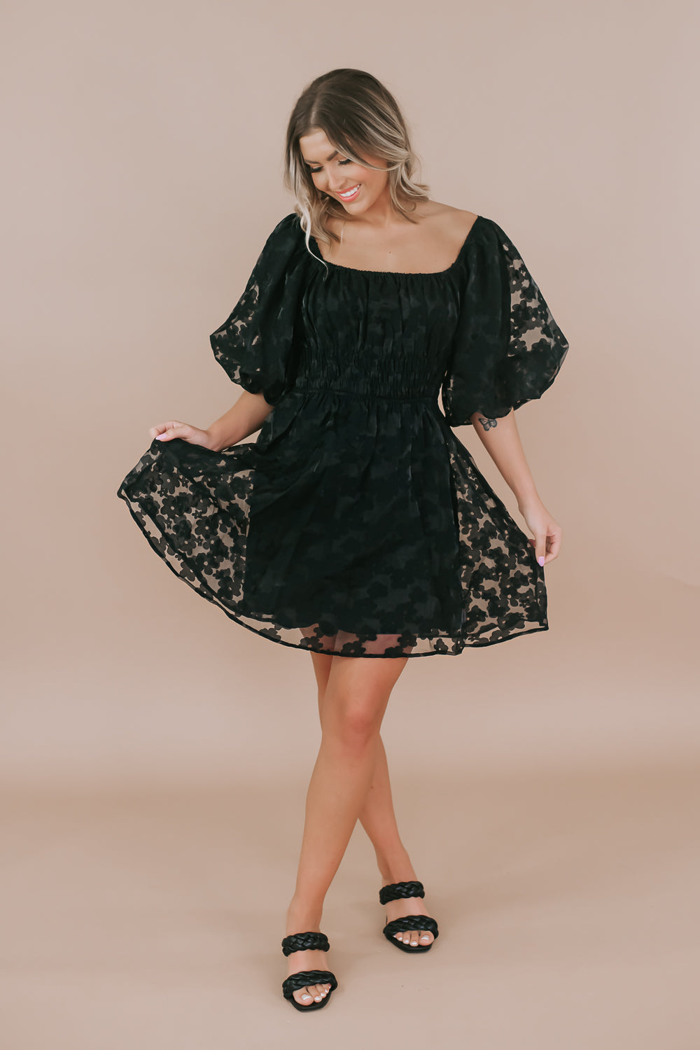 Floral Puff Sleeve Mini Dress, Black – Everyday Chic Boutique