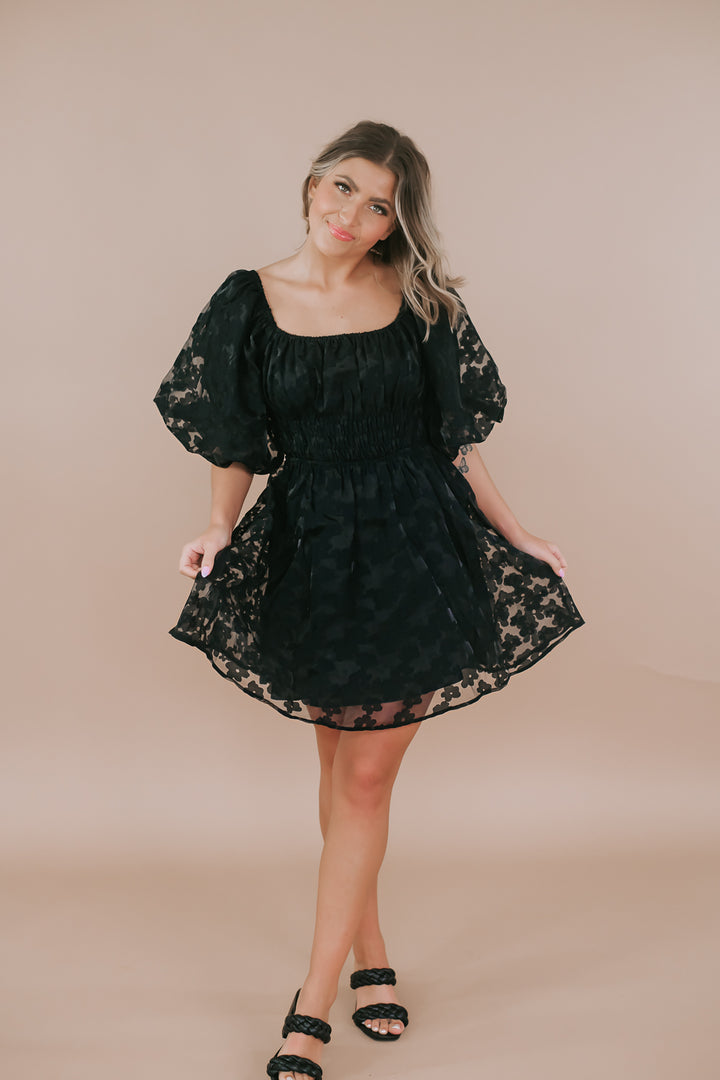 Floral Puff Sleeve Mini Dress, Black