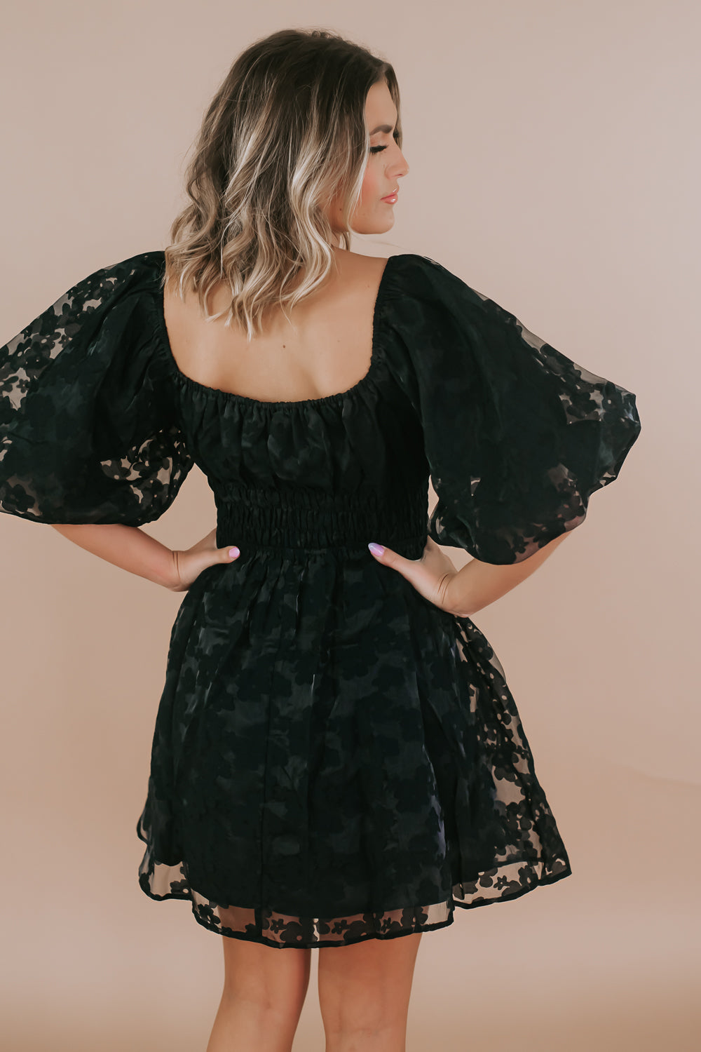 Floral Puff Sleeve Mini Dress, Black Small Floral Puff Sleeve Mini Dress, Black Small