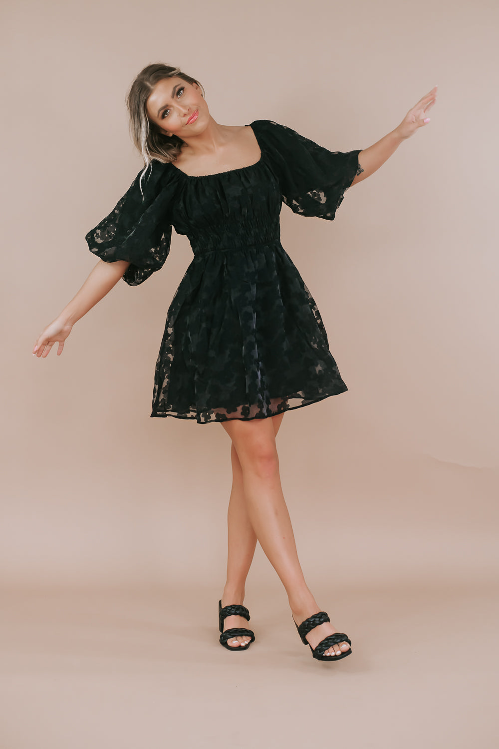 Floral Puff Sleeve Mini Dress, Black