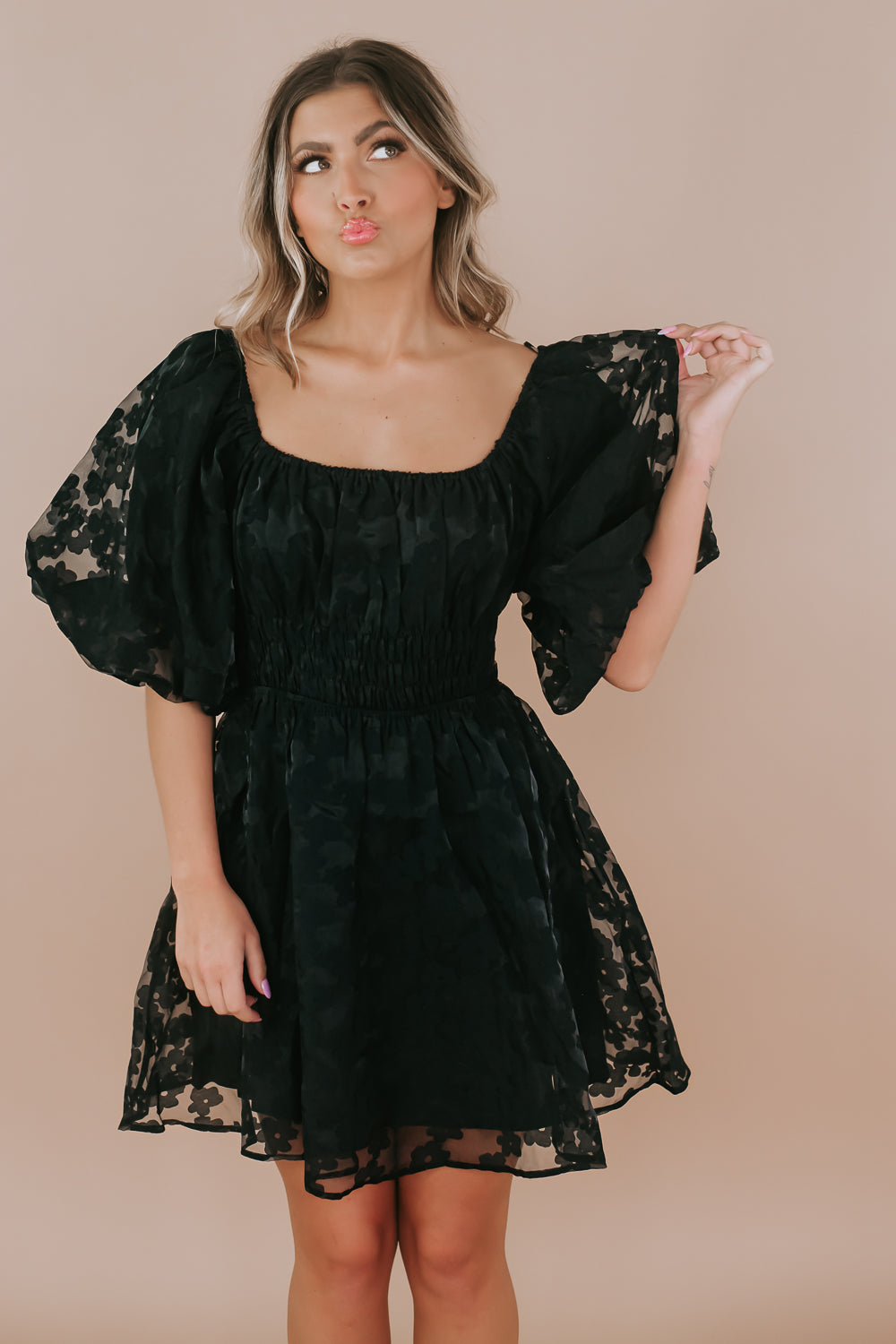 Floral Puff Sleeve Mini Dress, Black