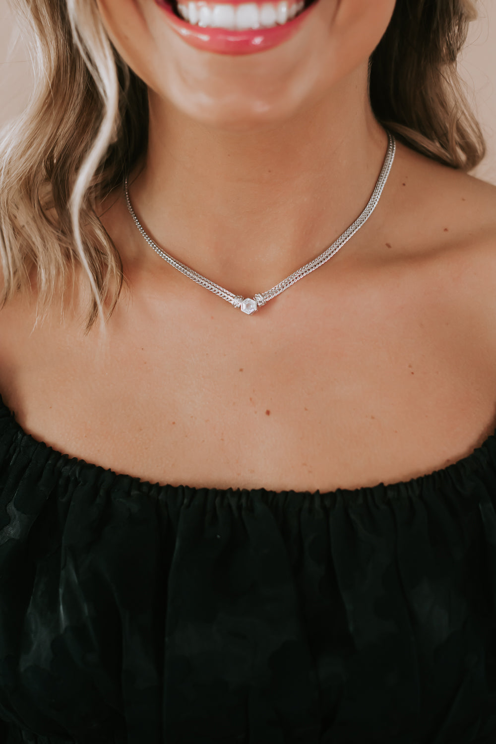 Single Rhinestone Necklace, Silver