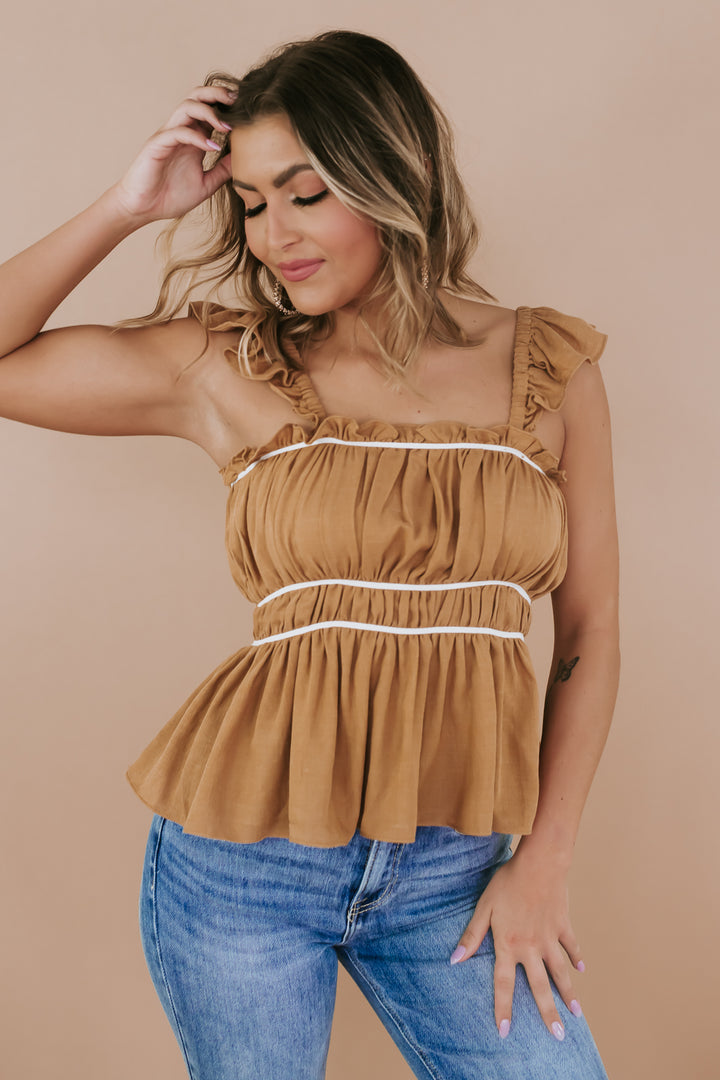 Ruched Peplum Top, Camel