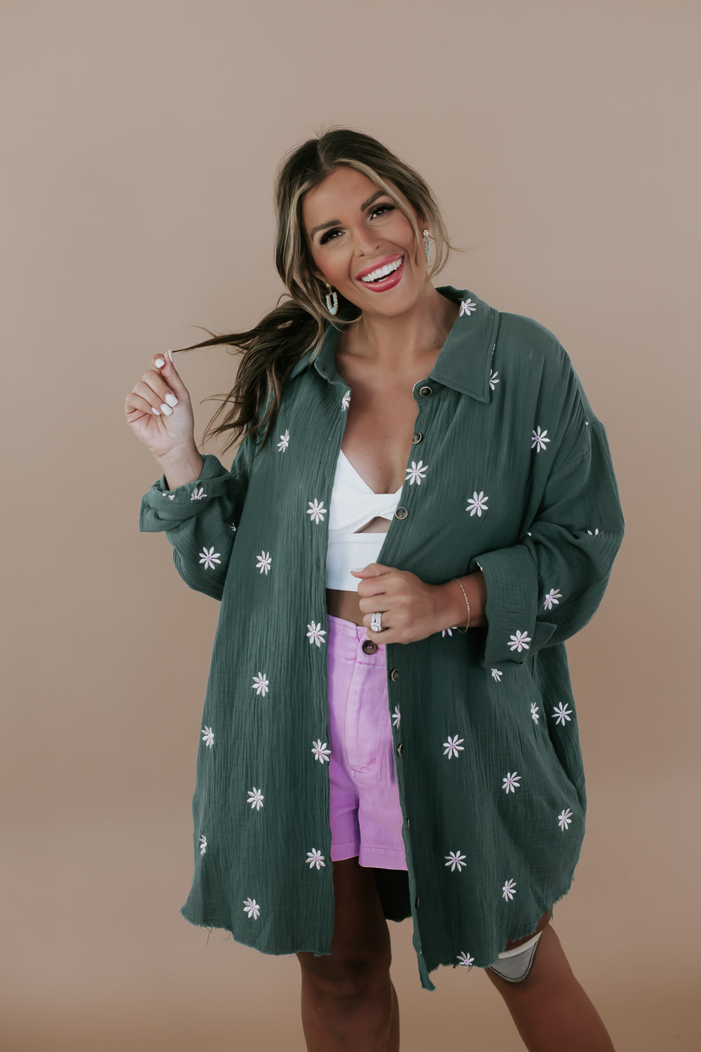 Oversized Button Up Floral Embroidered Top, Teal