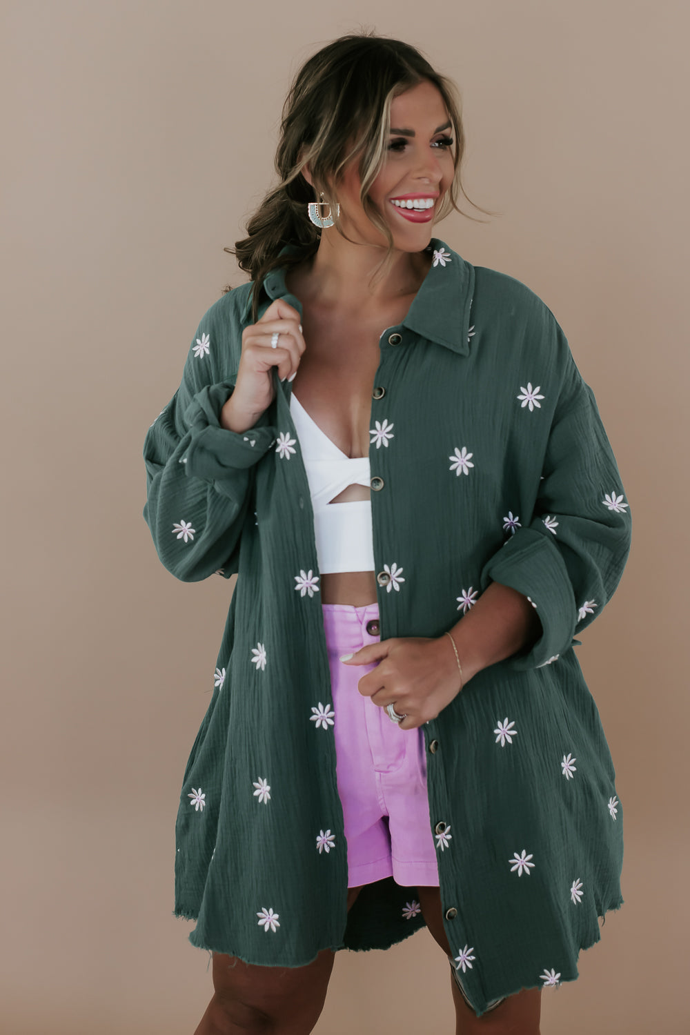 Oversized Button Up Floral Embroidered Top, Teal