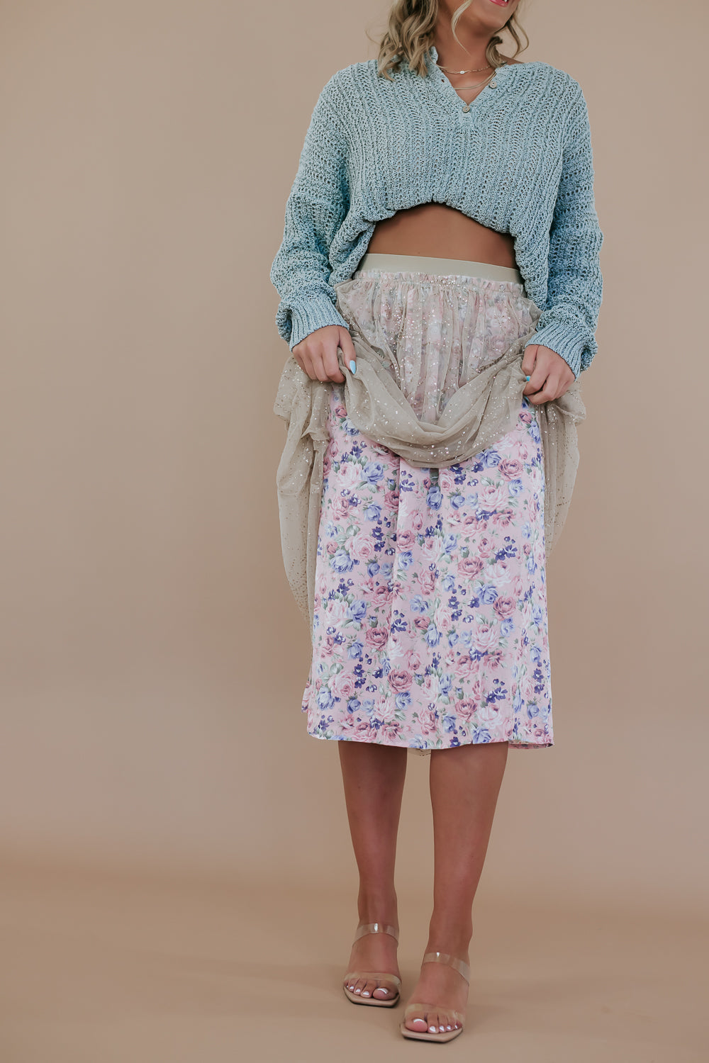 Garden Glisten Midi Skirt, Beige Pink