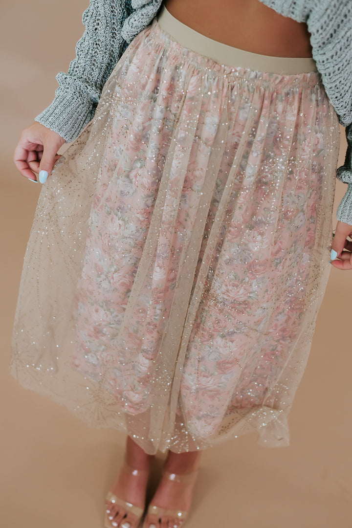 Garden Glisten Midi Skirt, Beige Pink