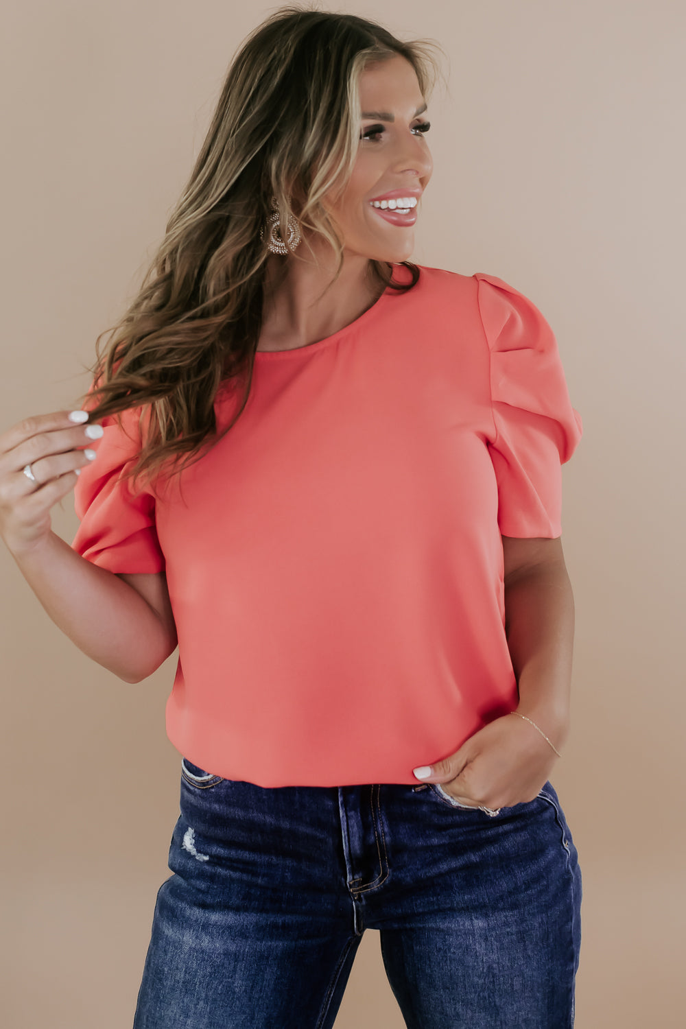 Timeless Puff Sleeve Blouse, Coral