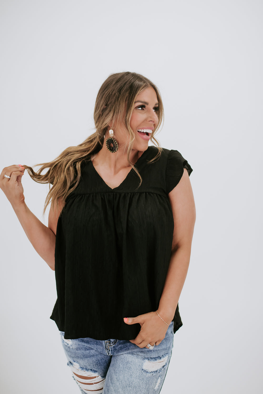 In The Know Ruffle Sleeve Blouse, Black