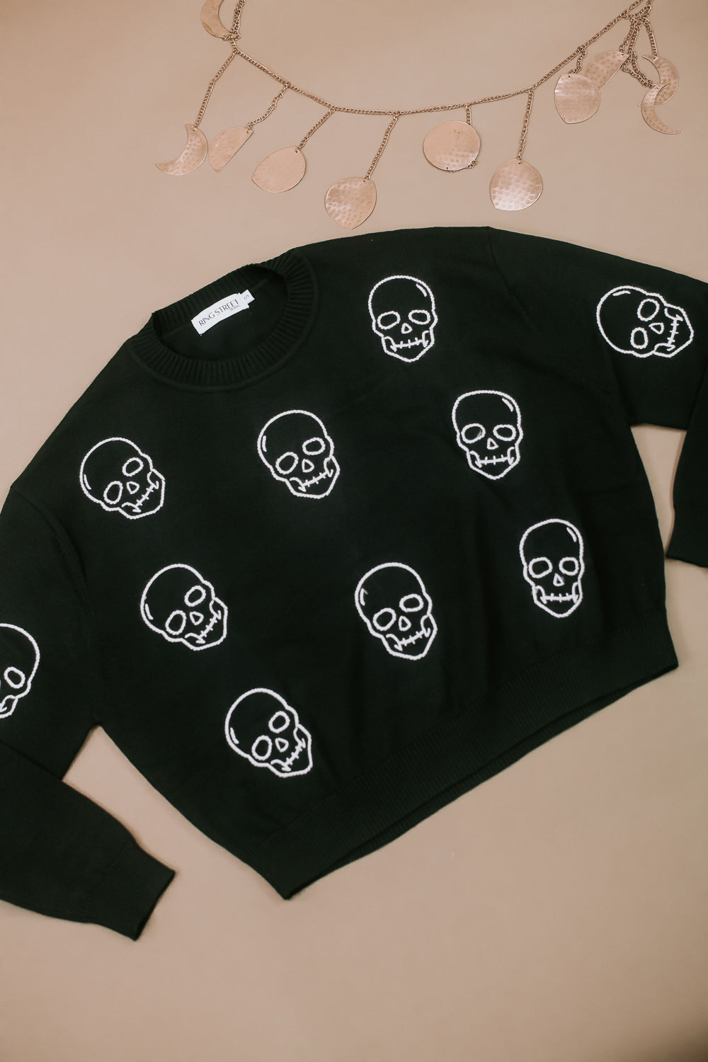 Embroidered Skull Sweater, Black