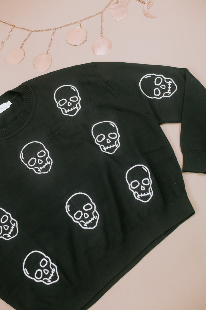 Embroidered Skull Sweater, Black